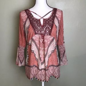 Maurices Reddish Brown Black Semi Sheer Lace Top S